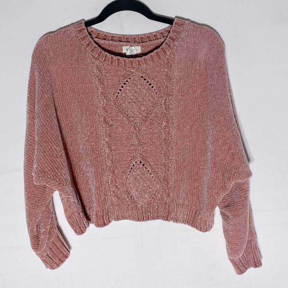 Yes Lola Pink Cable Knit Chenille Long Sleeve Cropped Crew Neck Sweater XS
